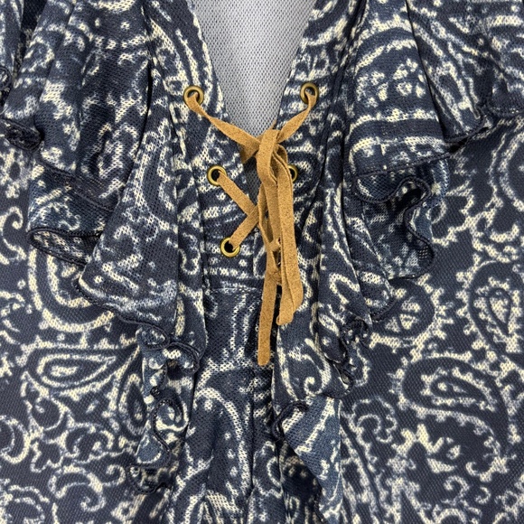 Chaps Denim Womens Large Pullover Mesh Top Blue Paisley Fitted Ruffles 3/4 Slv - Picture 3 of 8